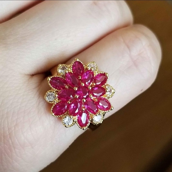 New 18K Gold Plated Ruby Diamond Flower Ring for Women - Picture 2 of 9